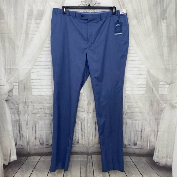 Hart Schaffer Marx Size 44 Reg Blue New York Straight Flat 100% Wool Dress Pants - Picture 1 of 10